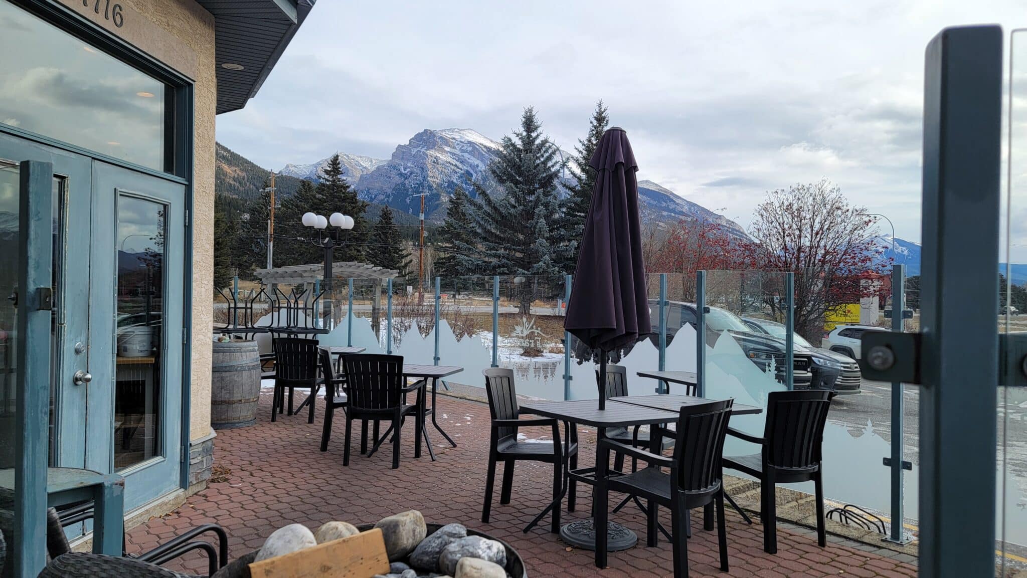 outdoor patio seating area at chez francois, canmore